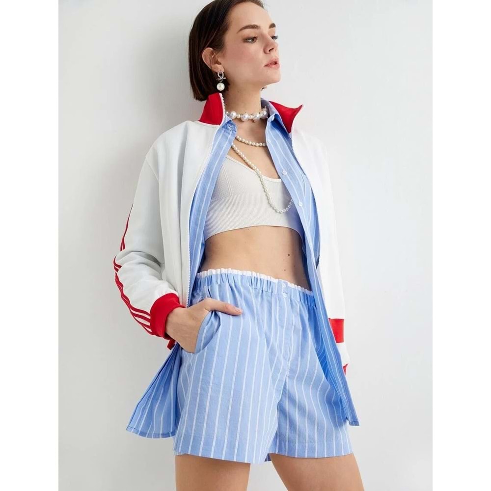 Mini Şort Cepli Beli Çift Lastik Detaylı - KOTON - 4SAK40068EW - MAVİ ÇİZGİLİ - 38