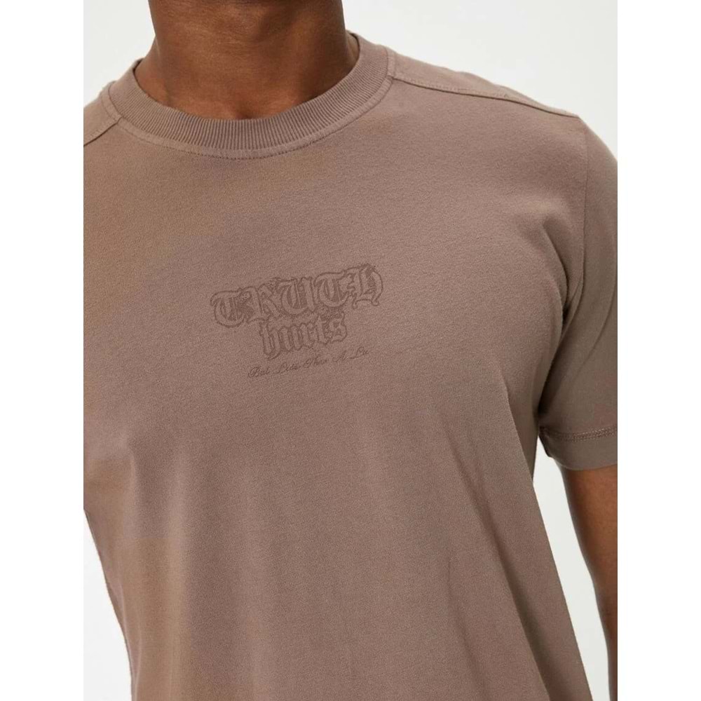 Slogan Baskılı Tişört Bisiklet Yaka Kısa Kollu Pamuklu - KOTON - 4SAM10247HK - KAHVERENGİ - XXL