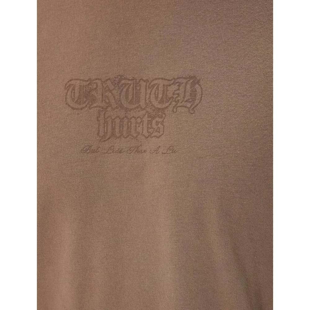 Slogan Baskılı Tişört Bisiklet Yaka Kısa Kollu Pamuklu - KOTON - 4SAM10247HK - KAHVERENGİ - XXL