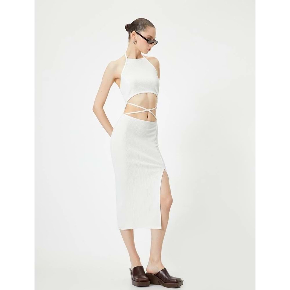 Halter Yaka Elbise Midi Pencere Detaylı Önden Yırtmaçlı Slim Fit - KOTON - 4SAL80022IK - EKRU - S