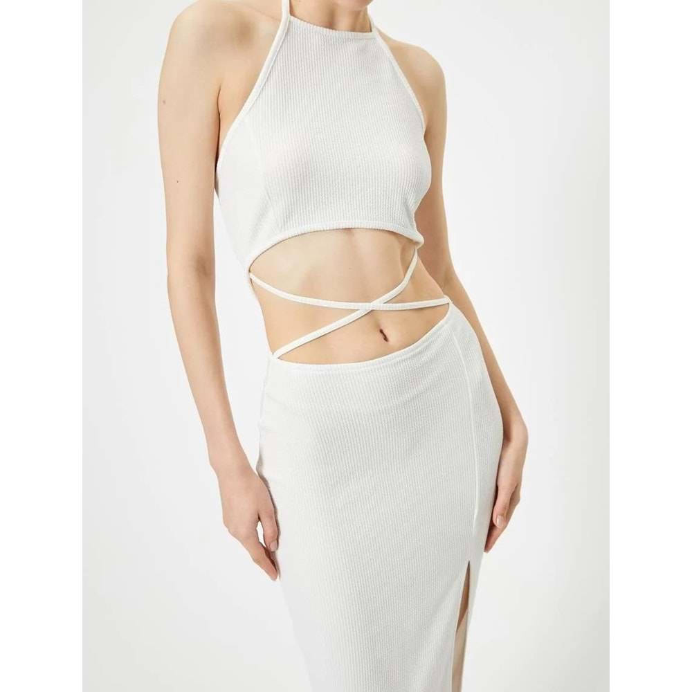 Halter Yaka Elbise Midi Pencere Detaylı Önden Yırtmaçlı Slim Fit - KOTON - 4SAL80022IK - EKRU - S