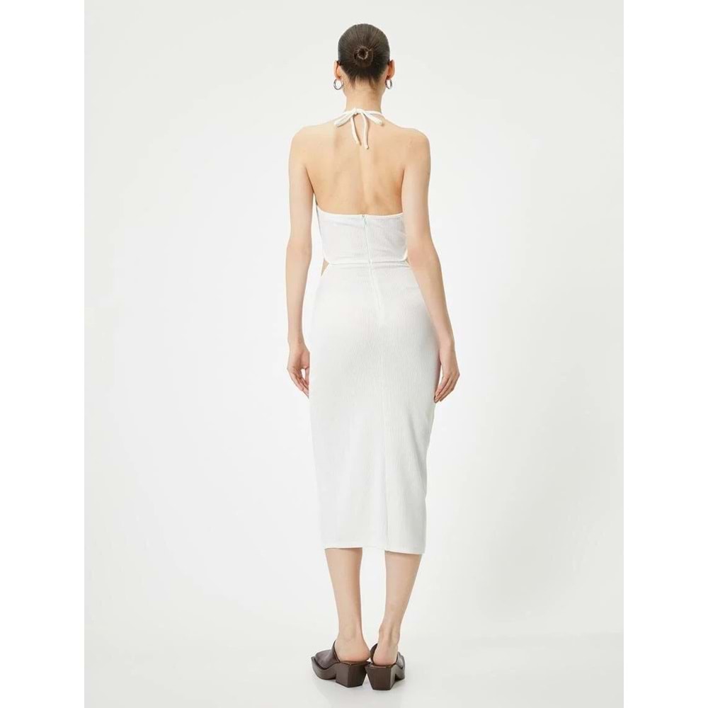 Halter Yaka Elbise Midi Pencere Detaylı Önden Yırtmaçlı Slim Fit - KOTON - 4SAL80022IK - EKRU - S