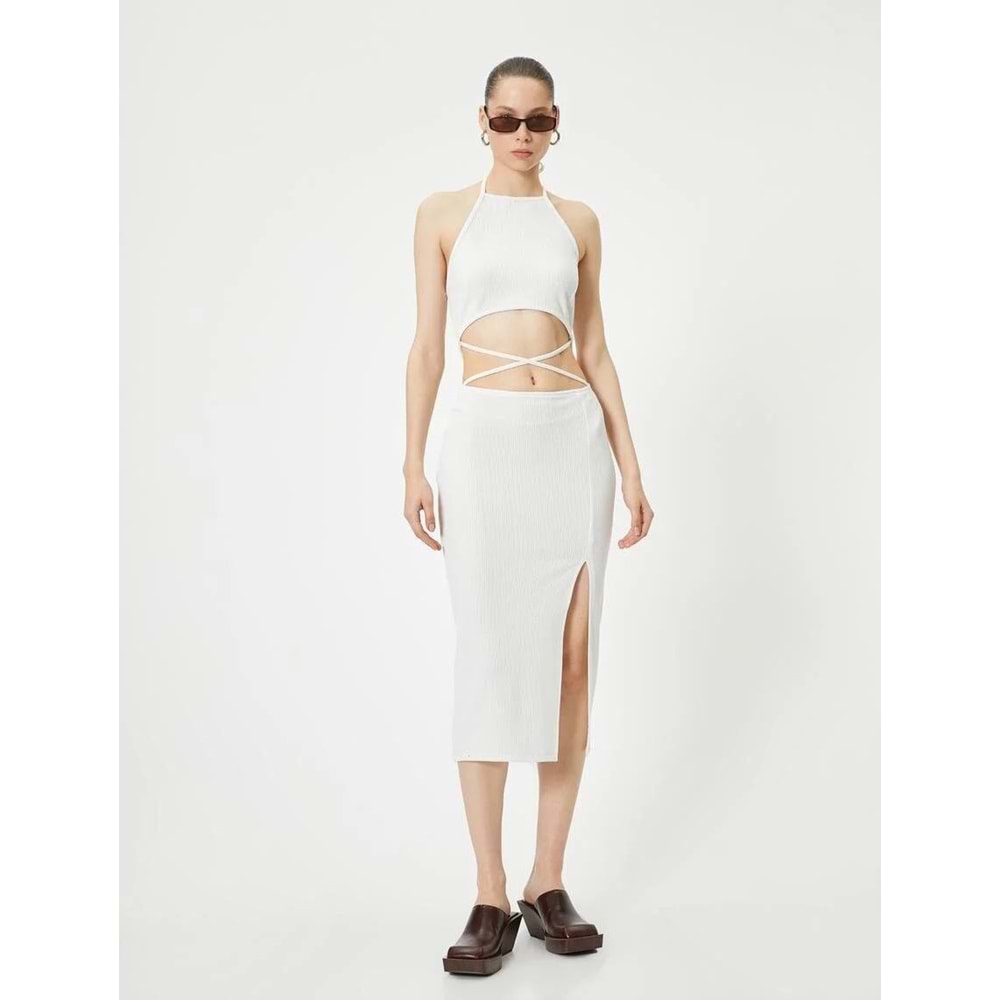 Halter Yaka Elbise Midi Pencere Detaylı Önden Yırtmaçlı Slim Fit - KOTON - 4SAL80022IK - EKRU - S