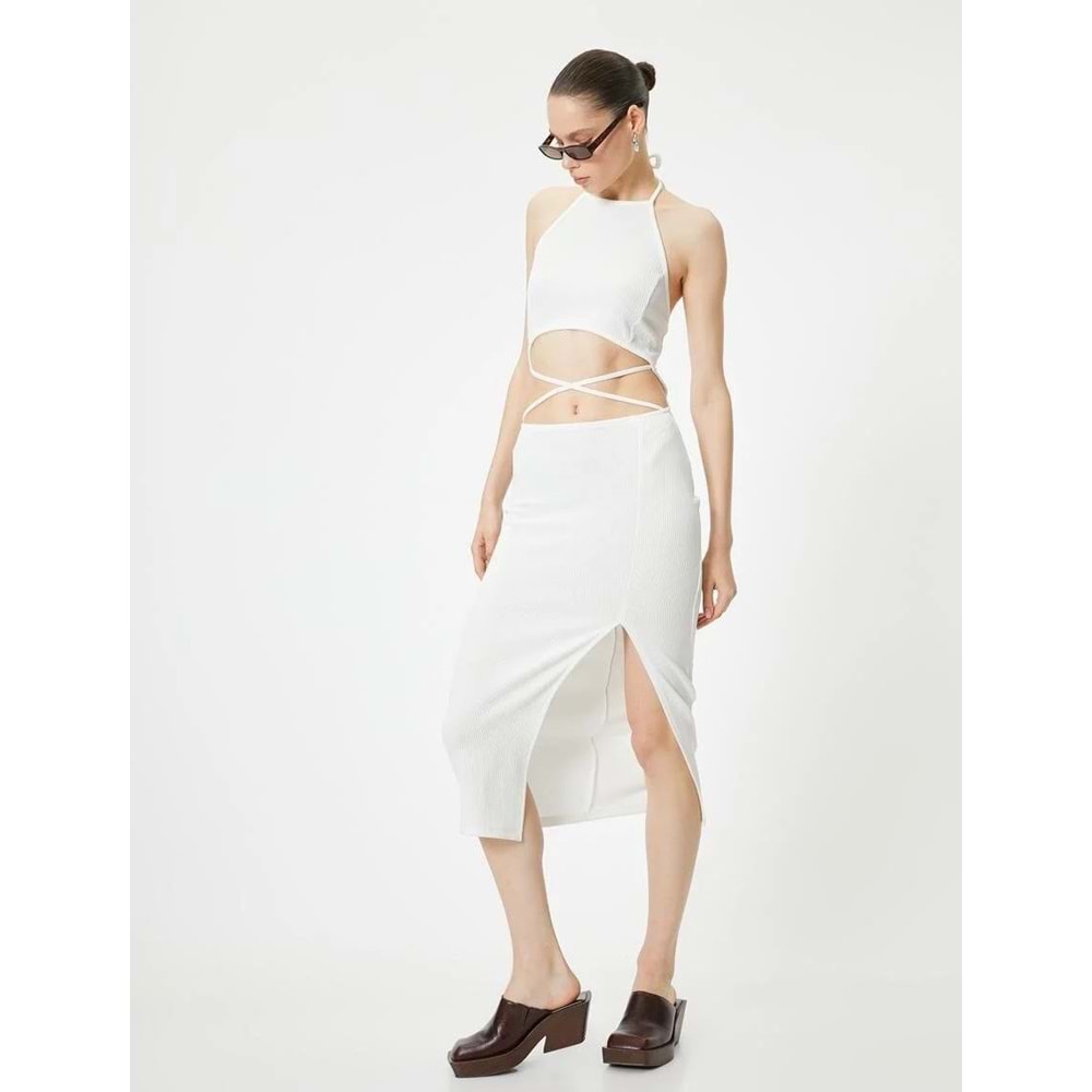 Halter Yaka Elbise Midi Pencere Detaylı Önden Yırtmaçlı Slim Fit - KOTON - 4SAL80022IK - EKRU - S