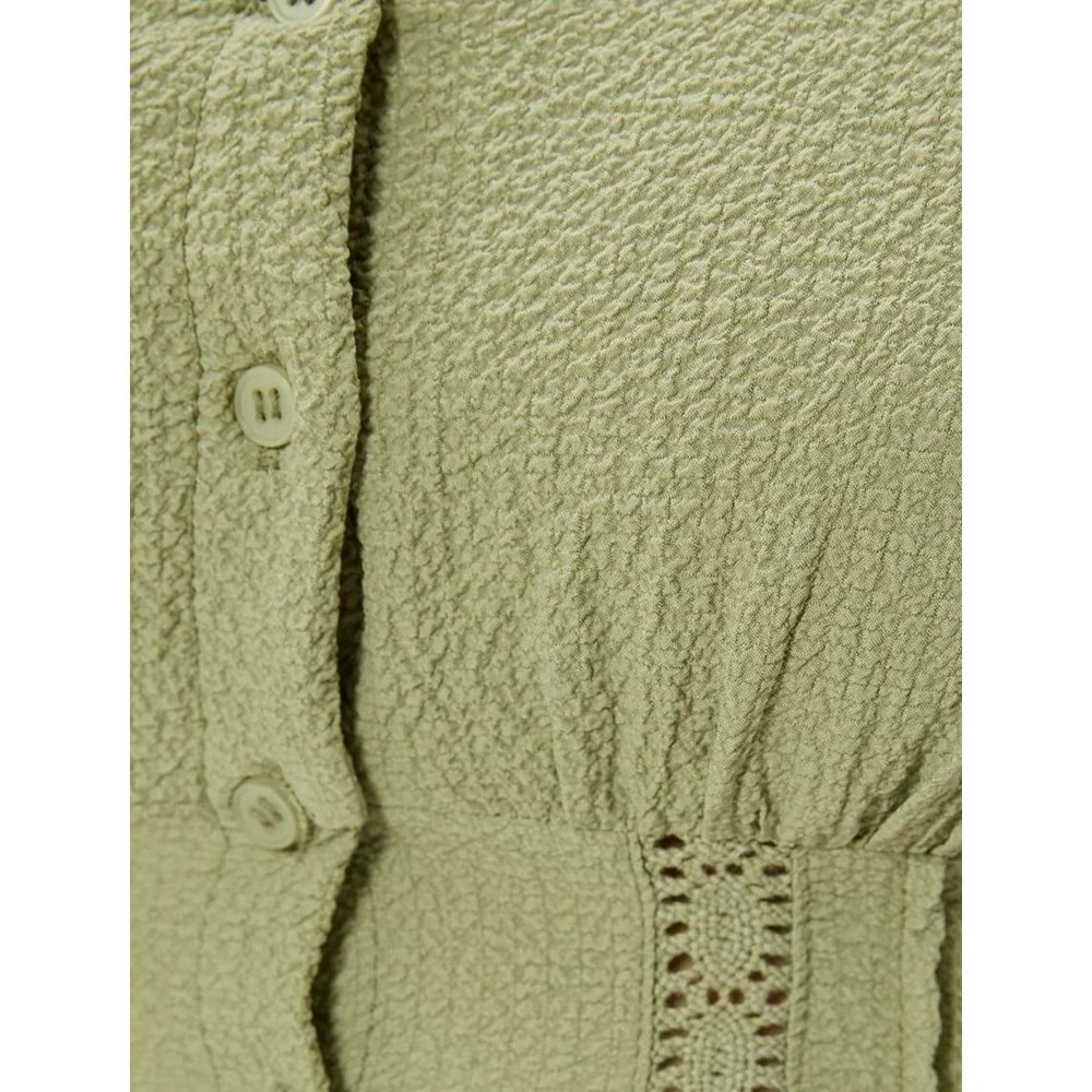 Balon Kol Crop Bluz Dantel Detaylı Düğmeli U Yaka Krinkıl Kumaş - KOTON - 4SAL60016IW - YEŞİL - 36