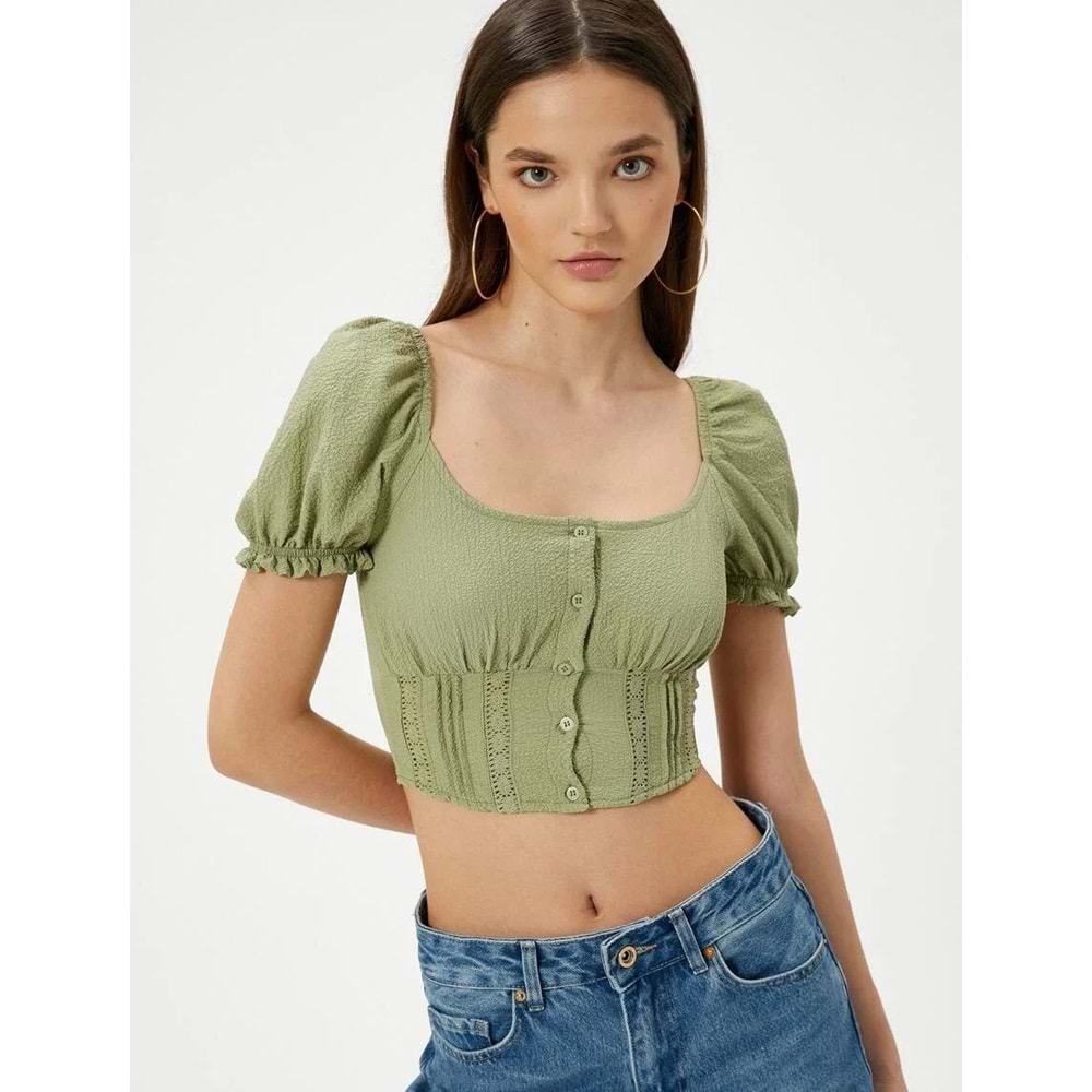 Balon Kol Crop Bluz Dantel Detaylı Düğmeli U Yaka Krinkıl Kumaş - KOTON - 4SAL60016IW - YEŞİL - 36