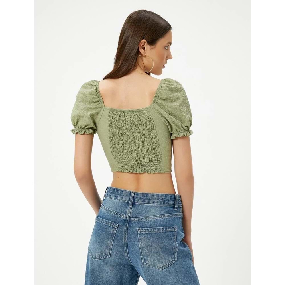 Balon Kol Crop Bluz Dantel Detaylı Düğmeli U Yaka Krinkıl Kumaş - KOTON - 4SAL60016IW - YEŞİL - 36