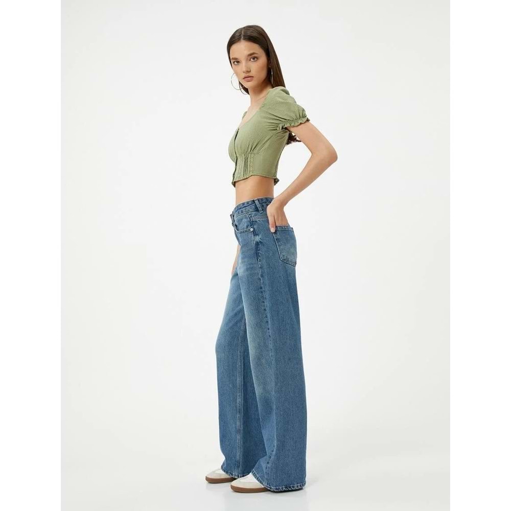 Balon Kol Crop Bluz Dantel Detaylı Düğmeli U Yaka Krinkıl Kumaş - KOTON - 4SAL60016IW - YEŞİL - 36