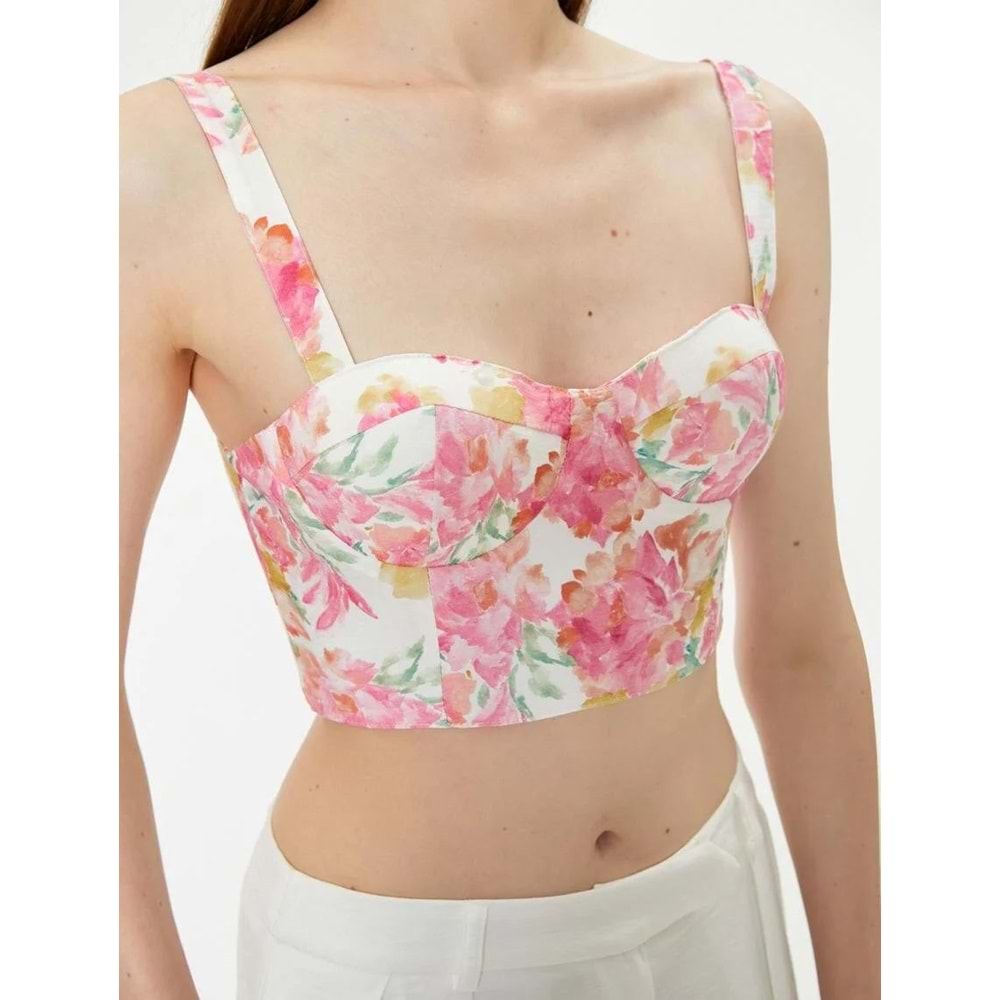 Çiçekli Büstiyer Kalın Askılı Kalp Yaka Slim Fit - KOTON - 4SAK30105EW - PEMBE DESENLİ - 42
