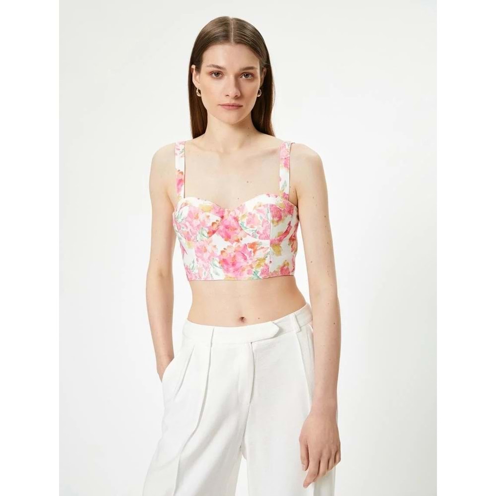 Çiçekli Büstiyer Kalın Askılı Kalp Yaka Slim Fit - KOTON - 4SAK30105EW - PEMBE DESENLİ - 42