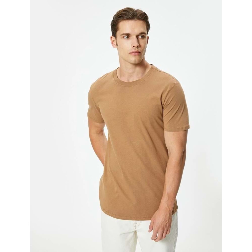 Basic Tişört Slim Fit Bisiklet Yaka Kısa Kollu - KOTON - 4SAM10842HK - KAHVERENGİ - L