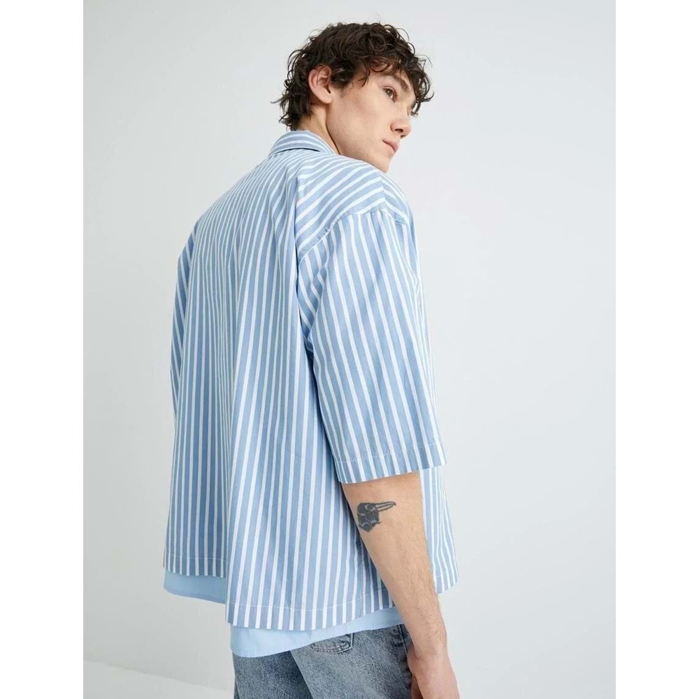 Oversize Gömlek Kısa Kollu Cep Detaylı Klasik Yaka - KOTON - 4SAM60201HW - MAVİ ÇİZGİLİ - XL