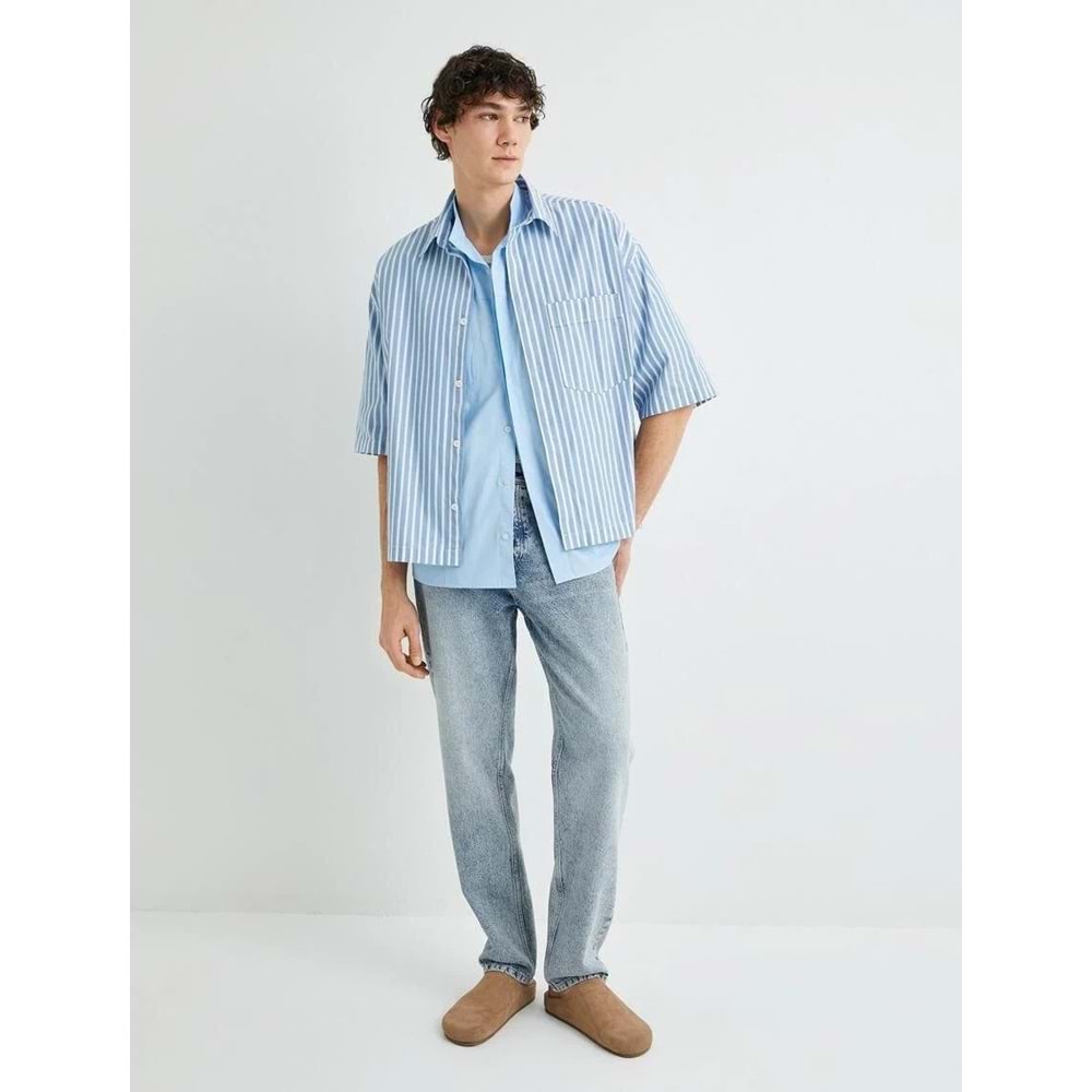 Oversize Gömlek Kısa Kollu Cep Detaylı Klasik Yaka - KOTON - 4SAM60201HW - MAVİ ÇİZGİLİ - XL