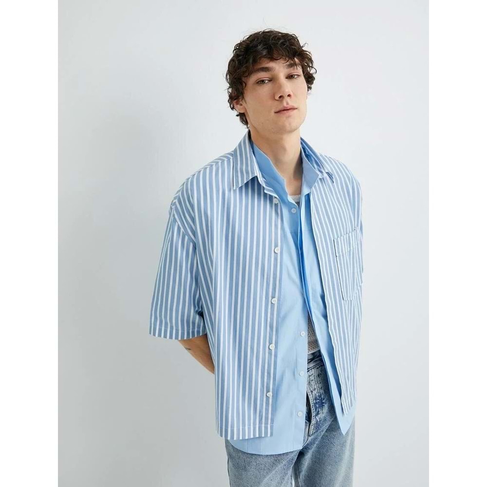 Oversize Gömlek Kısa Kollu Cep Detaylı Klasik Yaka - KOTON - 4SAM60201HW - MAVİ ÇİZGİLİ - XL