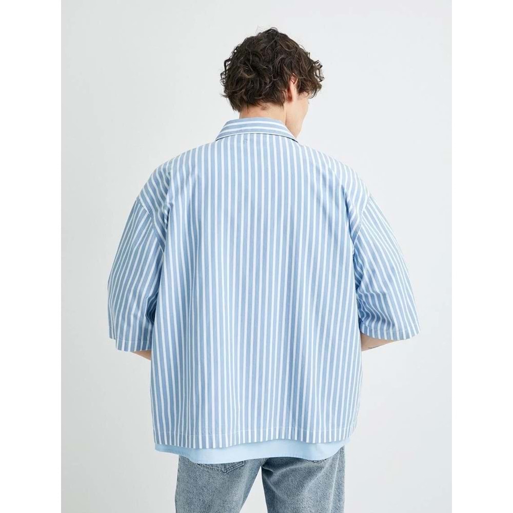 Oversize Gömlek Kısa Kollu Cep Detaylı Klasik Yaka - KOTON - 4SAM60201HW - MAVİ ÇİZGİLİ - XL