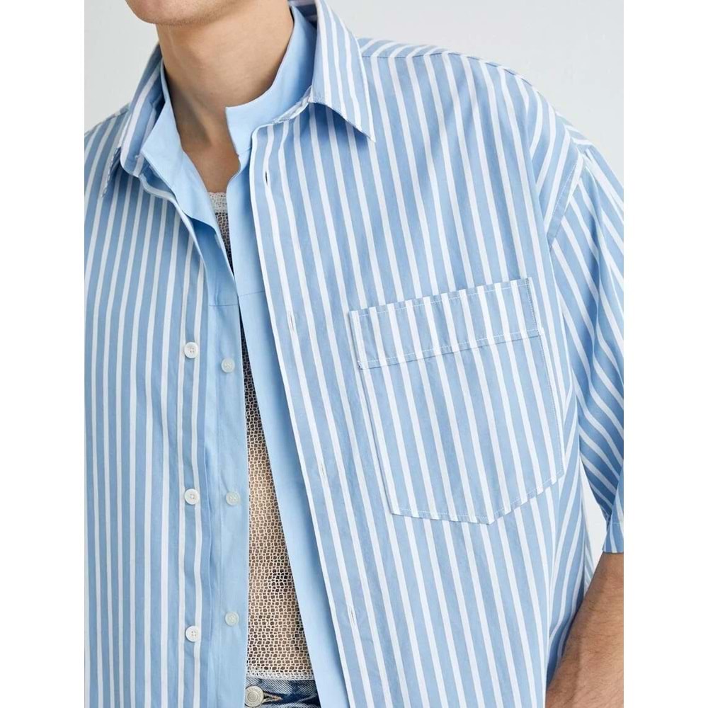Oversize Gömlek Kısa Kollu Cep Detaylı Klasik Yaka - KOTON - 4SAM60201HW - MAVİ ÇİZGİLİ - XL