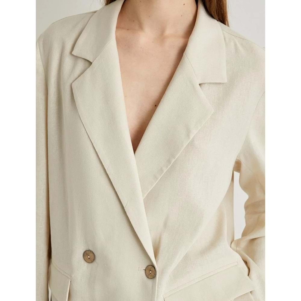 Keten Karışımlı Ceket Oversize Cep Detaylı Kruvaze Düğmeli - KOTON - 4SAK50133PW - BEJ - 42