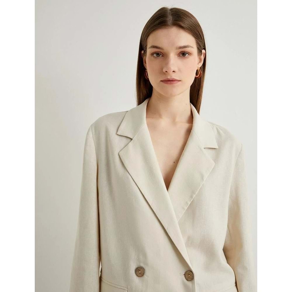 Keten Karışımlı Ceket Oversize Cep Detaylı Kruvaze Düğmeli - KOTON - 4SAK50133PW - BEJ - 42