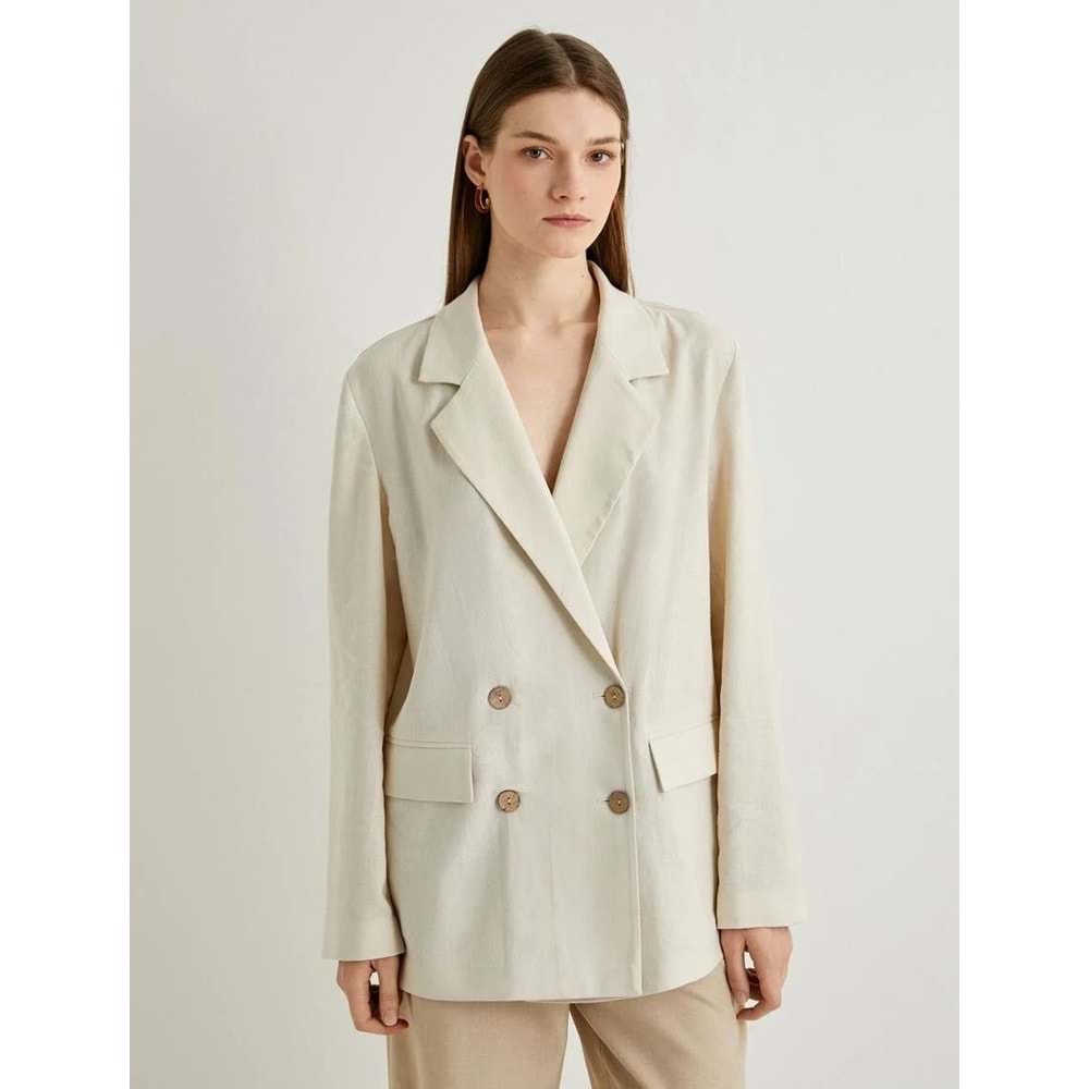 Keten Karışımlı Ceket Oversize Cep Detaylı Kruvaze Düğmeli - KOTON - 4SAK50133PW - BEJ - 42