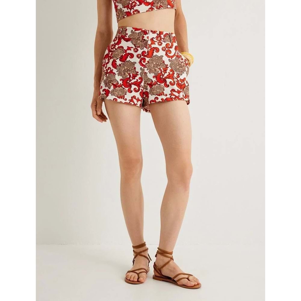 Koton X Melis Ağazat - Çiçekli Mini Şort Yüksek Bel Cepli - KOTON - 4SAK40180EW - TURUNCU DESENLİ - 42