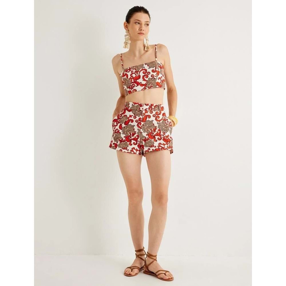 Koton X Melis Ağazat - Çiçekli Mini Şort Yüksek Bel Cepli - KOTON - 4SAK40180EW - TURUNCU DESENLİ - 42