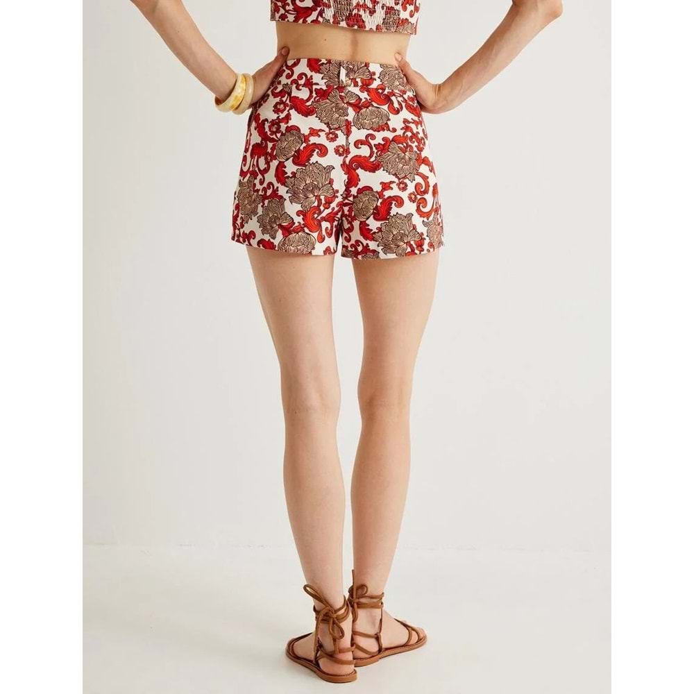 Koton X Melis Ağazat - Çiçekli Mini Şort Yüksek Bel Cepli - KOTON - 4SAK40180EW - TURUNCU DESENLİ - 42