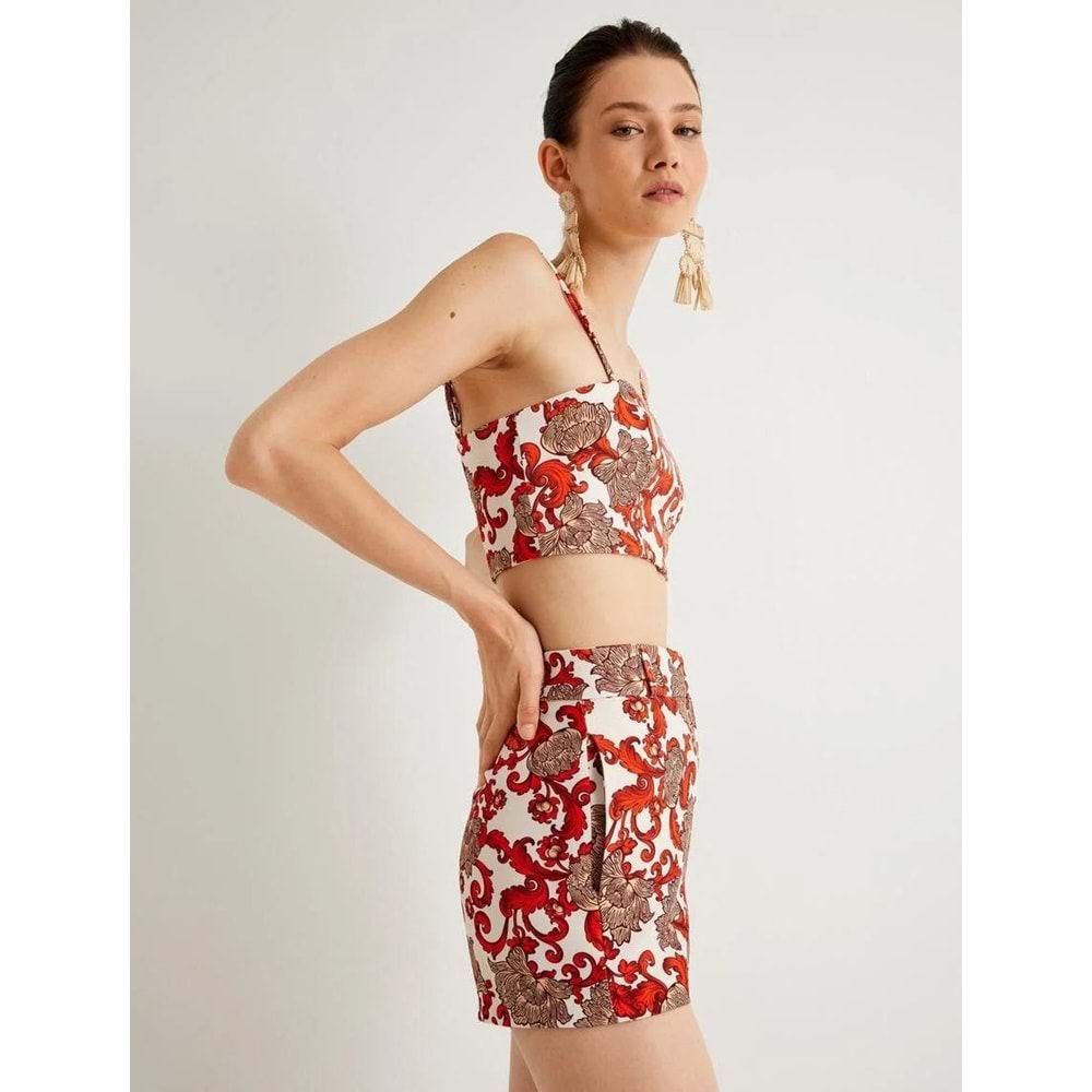 Koton X Melis Ağazat - Çiçekli Mini Şort Yüksek Bel Cepli - KOTON - 4SAK40180EW - TURUNCU DESENLİ - 42