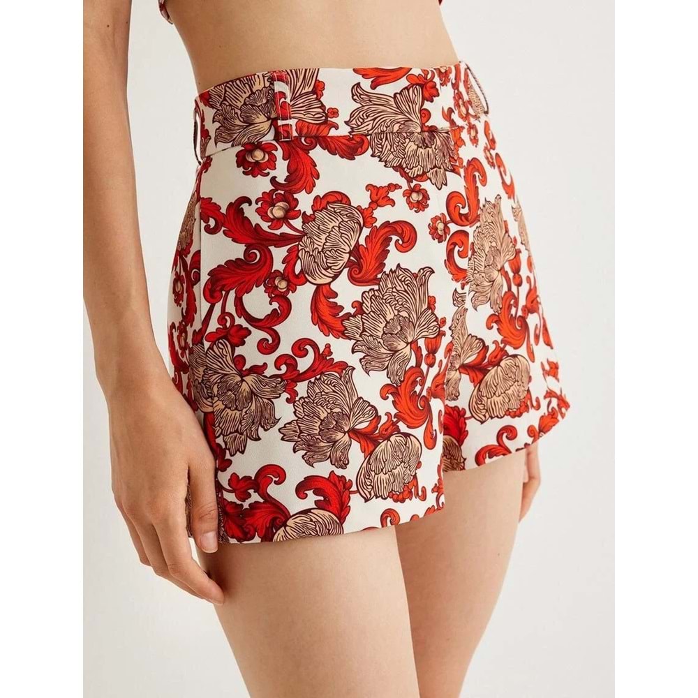 Koton X Melis Ağazat - Çiçekli Mini Şort Yüksek Bel Cepli - KOTON - 4SAK40180EW - TURUNCU DESENLİ - 42