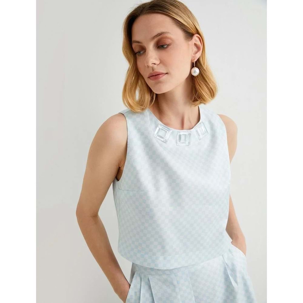 Koton X Tuba Ünsal - Taş Detaylı Bluz - KOTON - 4SAK60447UW - MAVİ EKOSE - 40