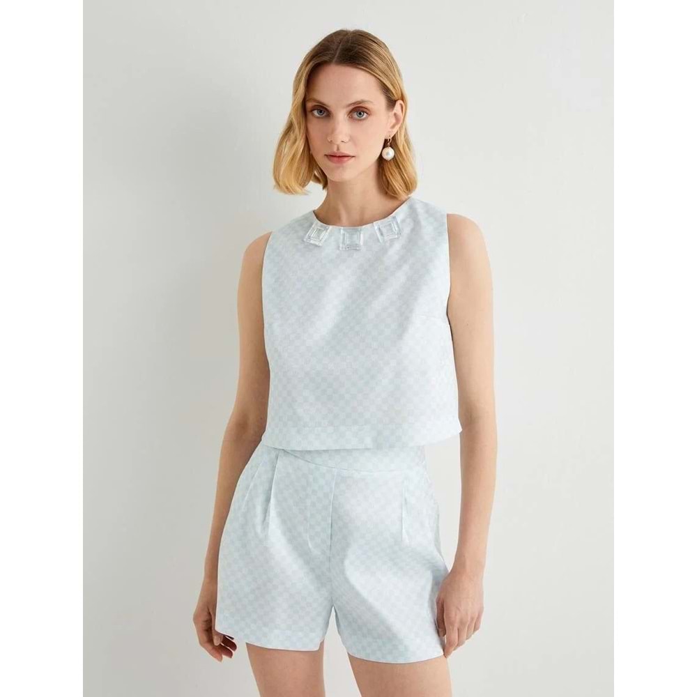 Koton X Tuba Ünsal - Taş Detaylı Bluz - KOTON - 4SAK60447UW - MAVİ EKOSE - 40