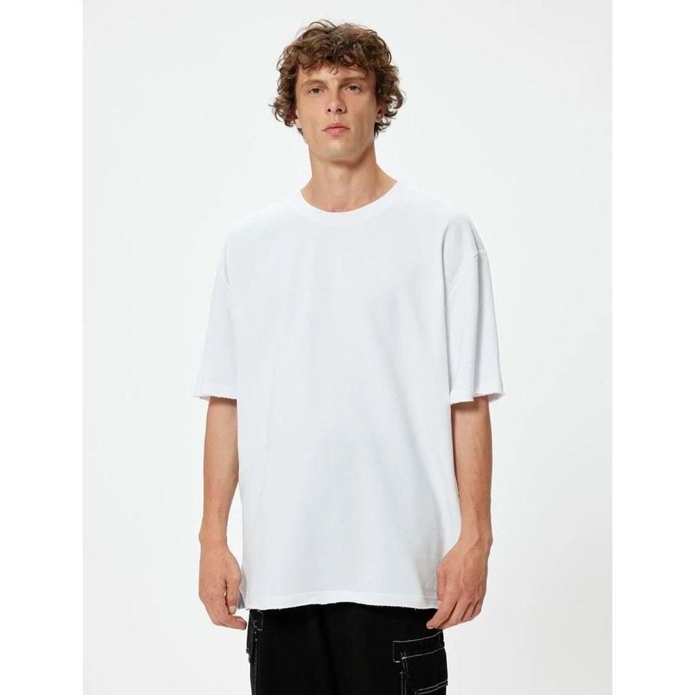 Erkek Giyim Oversize Tişört Kısa Kollu Bisiklet Yaka Pamuklu - KOTON - 5WAM10053HK - BEYAZ - L