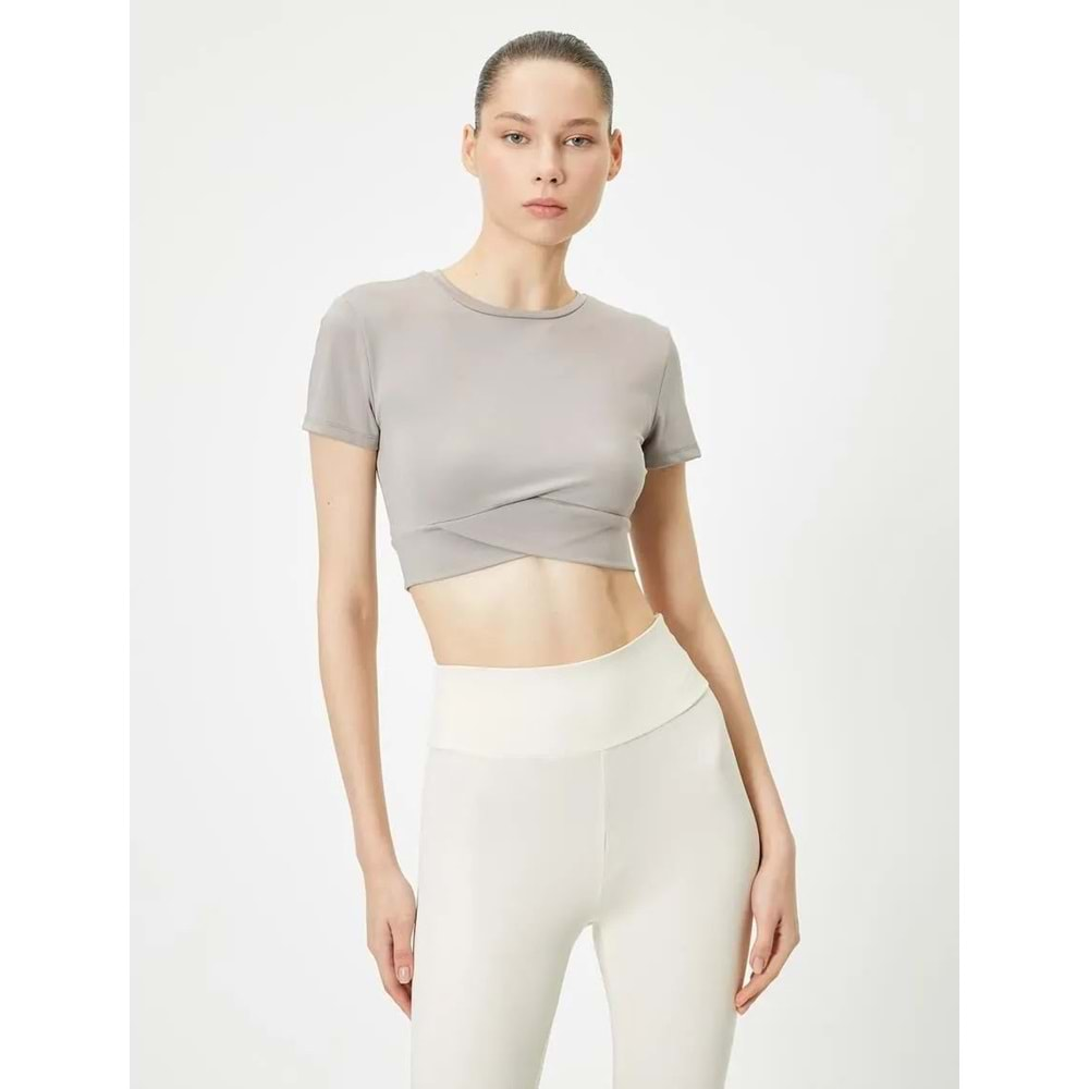 Spor Crop Yoga Tişört Slim Fit Asimetrik Kesim Kısa Kollu Bisiklet Yaka 5WAK10013NK