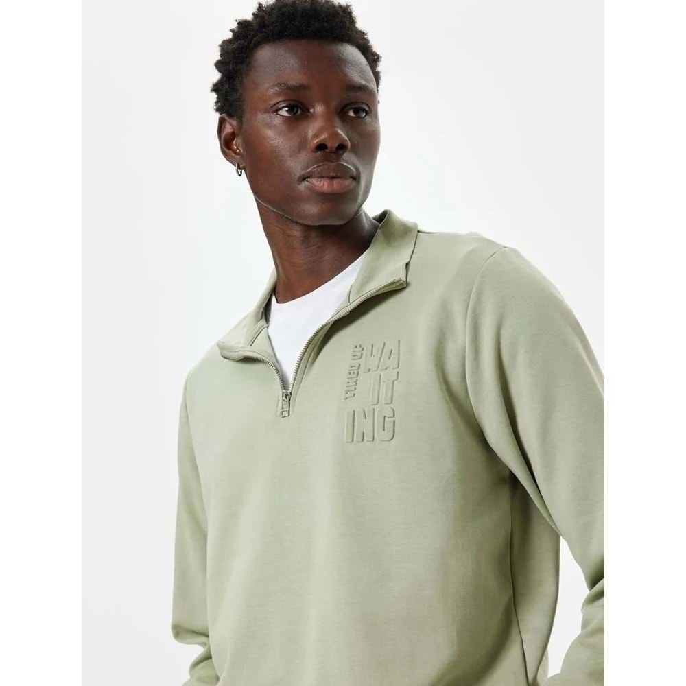 Slogan Baskılı Sweatshirt Fermuarlı Yaka Pamuklu - KOTON - 5WAM70093MK - YEŞİL - XL