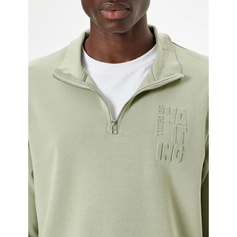 Slogan Baskılı Sweatshirt Fermuarlı Yaka Pamuklu - KOTON - 5WAM70093MK - YEŞİL - XL
