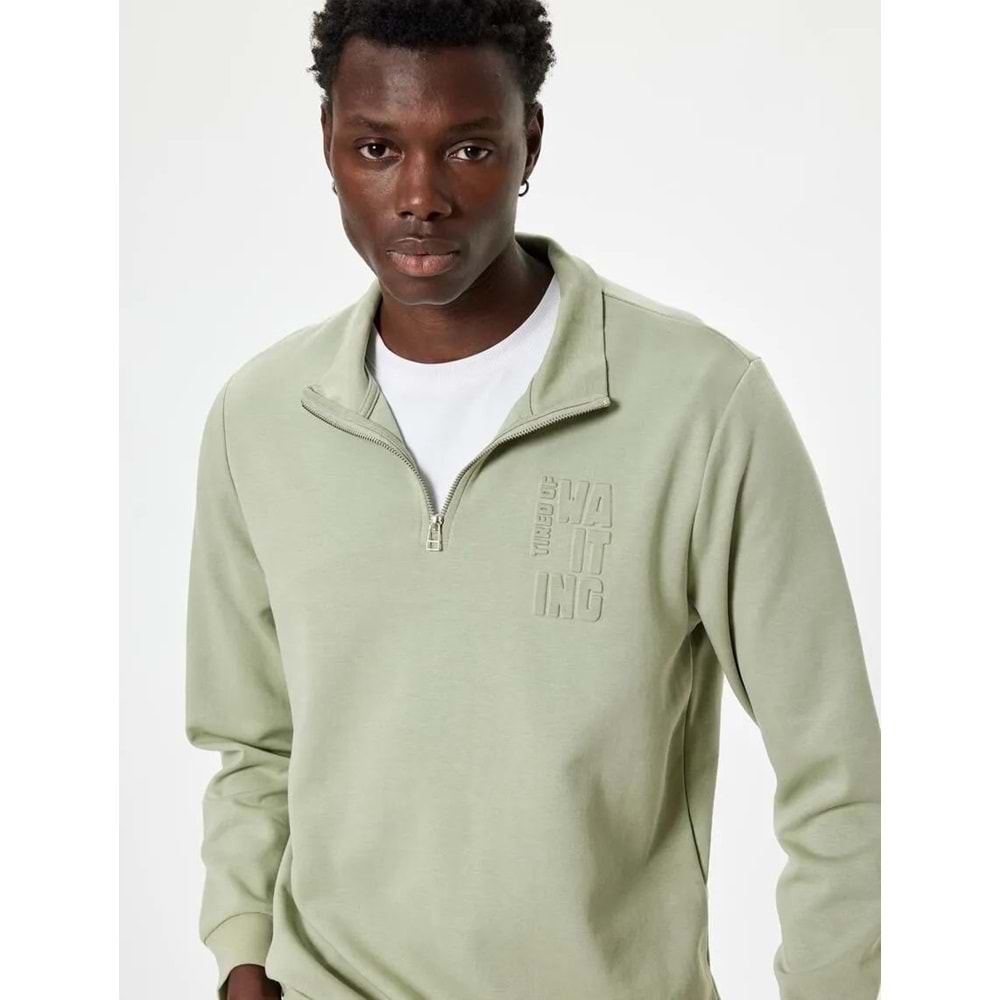 Slogan Baskılı Sweatshirt Fermuarlı Yaka Pamuklu - KOTON - 5WAM70093MK - YEŞİL - XL