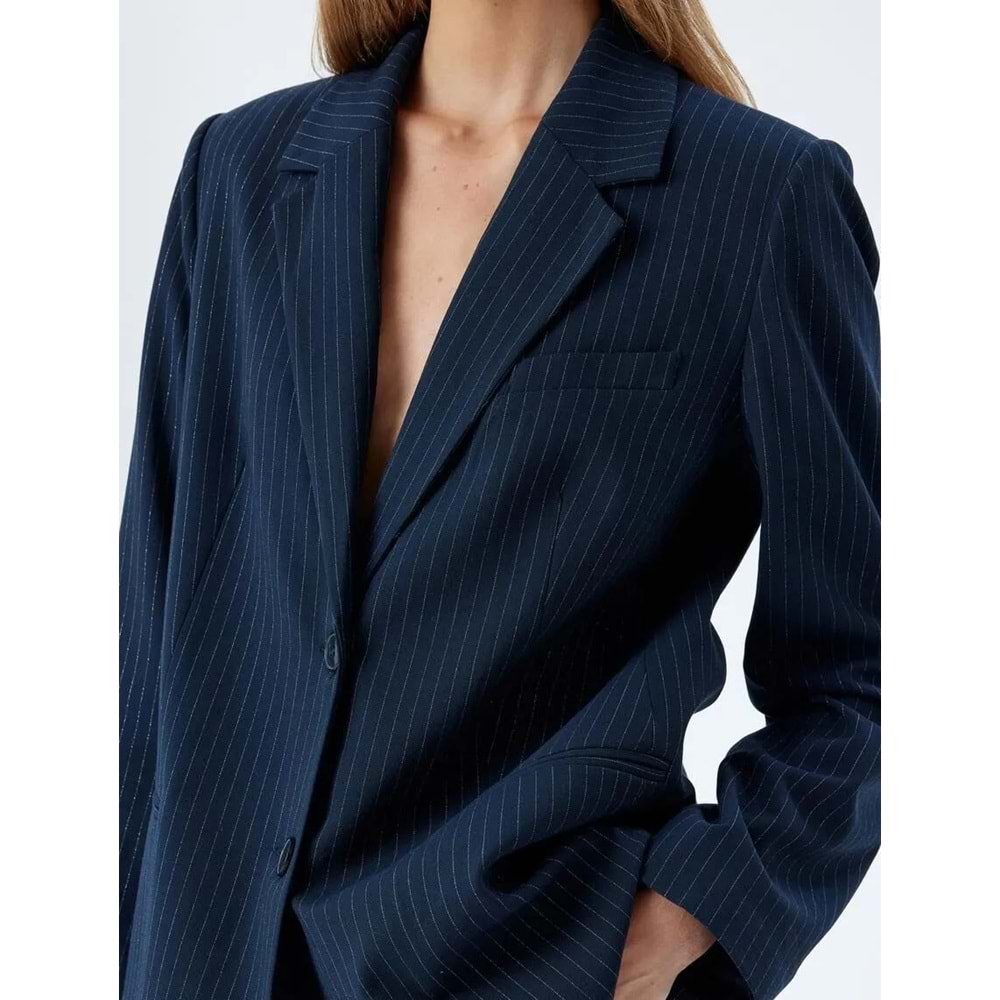Blazer Ceket Kruvaze Ters Yaka Düğmeli Cepli - KOTON - 5WAK50025PW - LACİVERT ÇİZGİLİ - 32