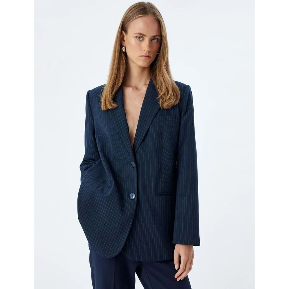 Blazer Ceket Kruvaze Ters Yaka Düğmeli Cepli - KOTON - 5WAK50025PW - LACİVERT ÇİZGİLİ - 32