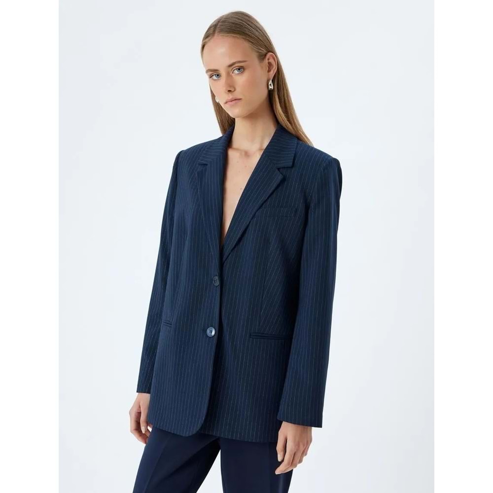 Blazer Ceket Kruvaze Ters Yaka Düğmeli Cepli - KOTON - 5WAK50025PW - LACİVERT ÇİZGİLİ - 32