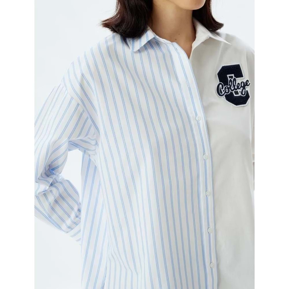 Oversize Gömlek Poplin uzun Kollu Aplike Detaylı - KOTON - 5WAK60050PW - MAVİ ÇİZGİLİ - 38