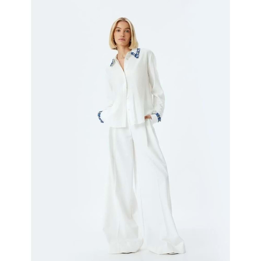 Viskon Gömlek Renk Kontrastlı Uzun Kollu TENCEL™ Kumaş - KOTON - 5WAK60056PW - KIRIK BEYAZ - 34