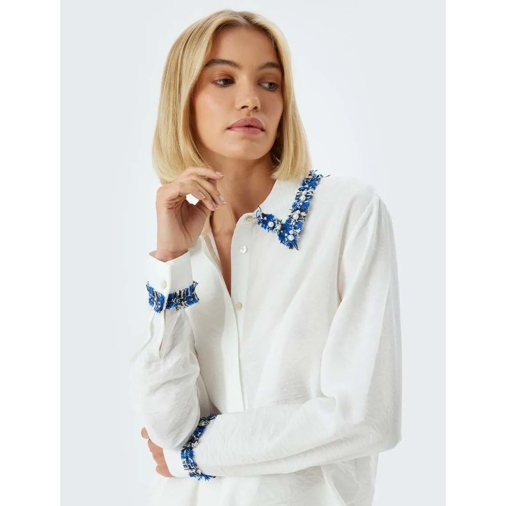 Viskon Gömlek Renk Kontrastlı Uzun Kollu TENCEL™ Kumaş - KOTON - 5WAK60056PW - KIRIK BEYAZ - 34