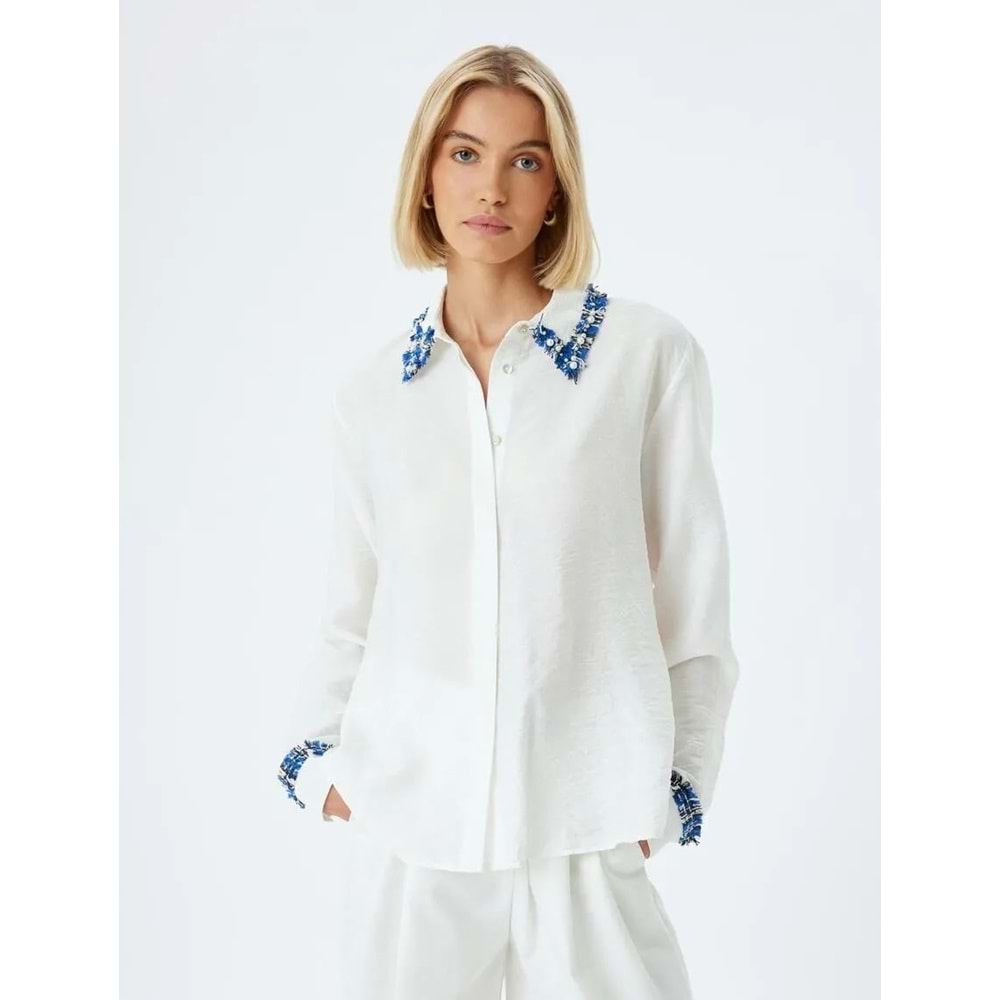 Viskon Gömlek Renk Kontrastlı Uzun Kollu TENCEL™ Kumaş - KOTON - 5WAK60056PW - KIRIK BEYAZ - 34