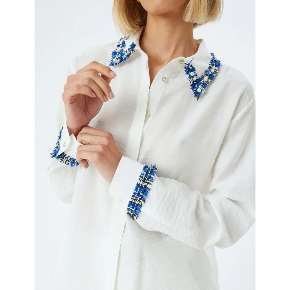 Viskon Gömlek Renk Kontrastlı Uzun Kollu TENCEL™ Kumaş - KOTON - 5WAK60056PW - KIRIK BEYAZ - 34