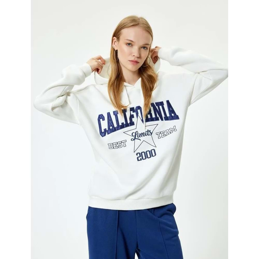 Oversize Kapüşonlu Sweatshirt Kolej İşlemeli Uzun Kollu Şardonlu 5WAL10036IK