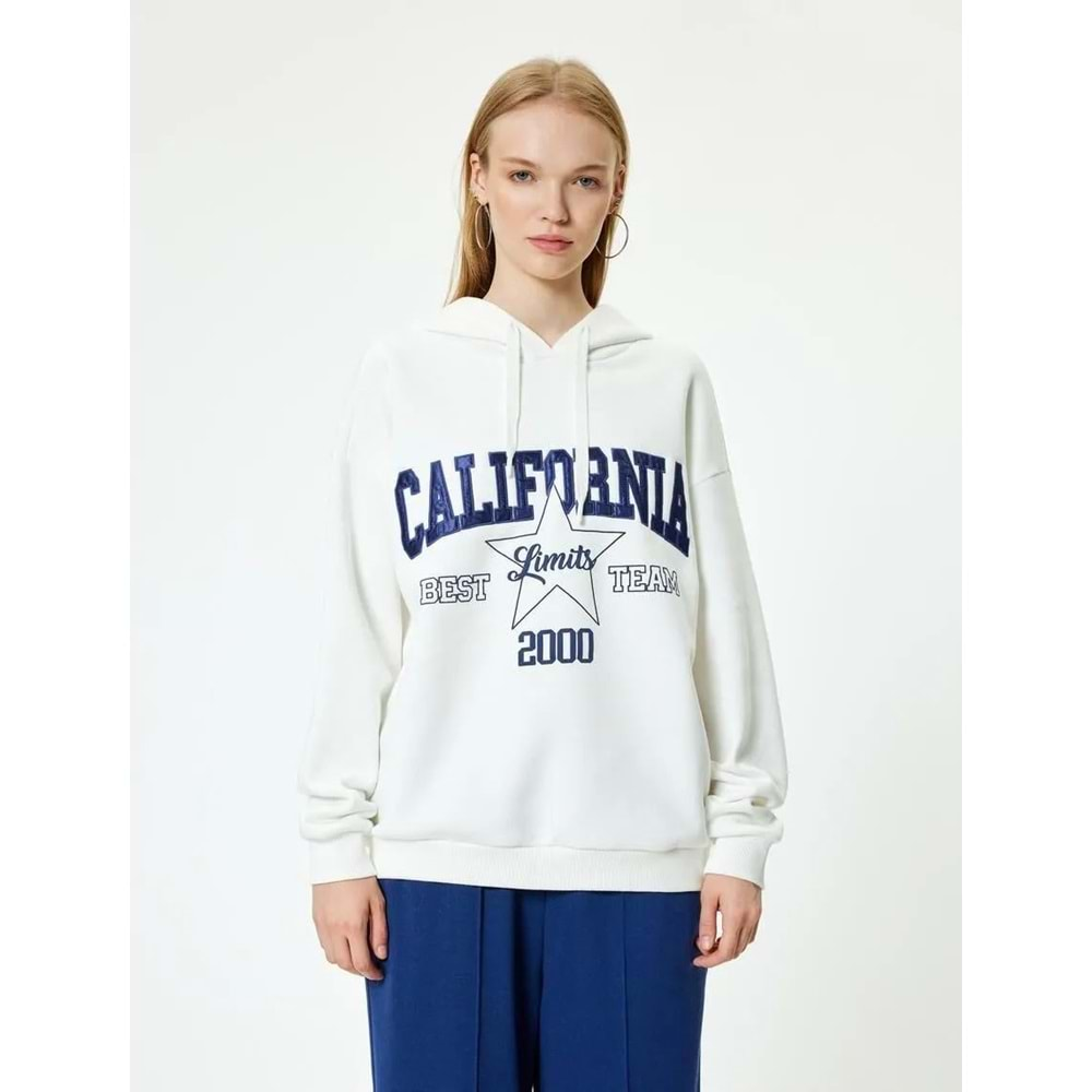 Oversize Kapüşonlu Sweatshirt Kolej İşlemeli Uzun Kollu Şardonlu 5WAL10036IK