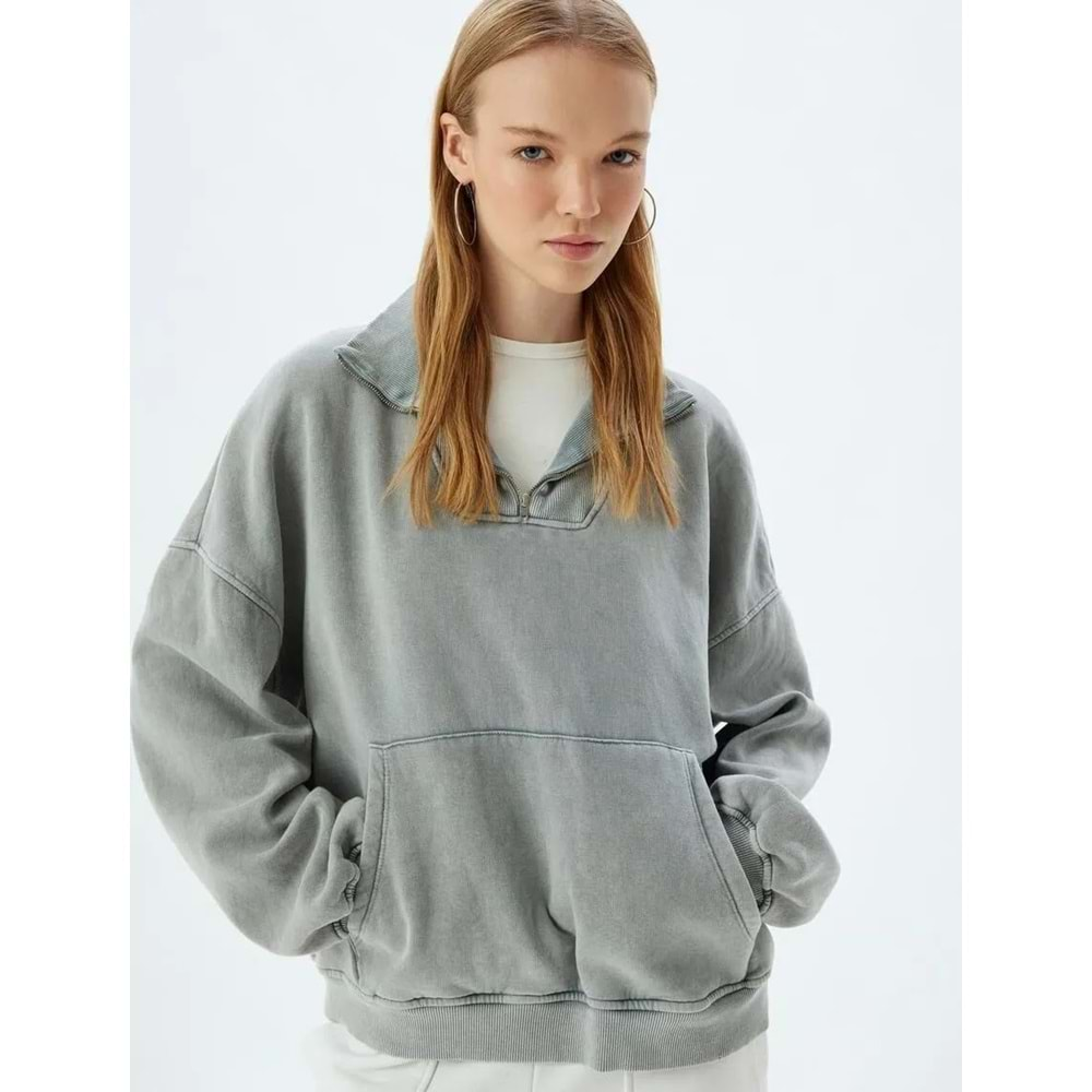 Oversize Sweatshirt Yarım Fermuarlı Kanguru Cepli Yıkamalı Dik Yaka 5WAL10130IK