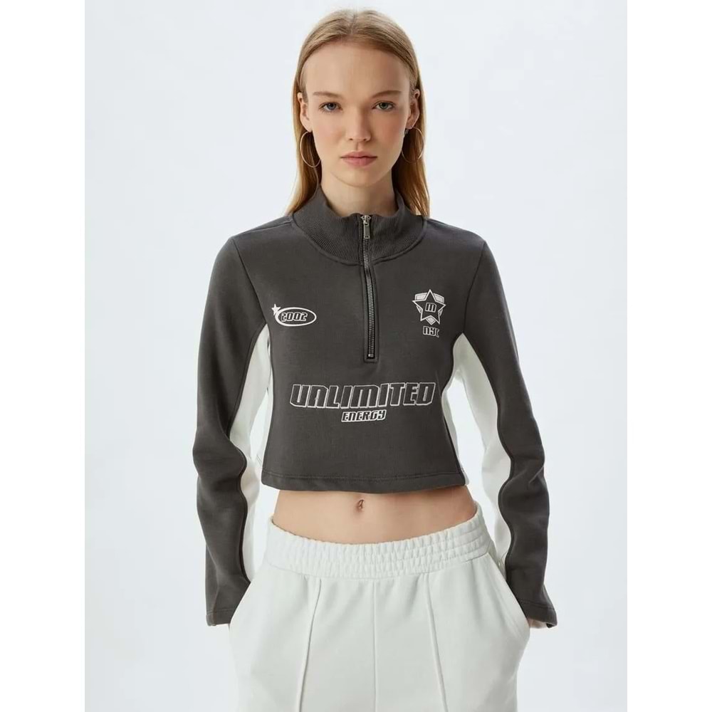 Crop Sweatshirt Yarım Fermuarlı Slogan Baskılı Dik Yaka Şardonlu - KOTON - 5WAL10173IK - GRİ - XS