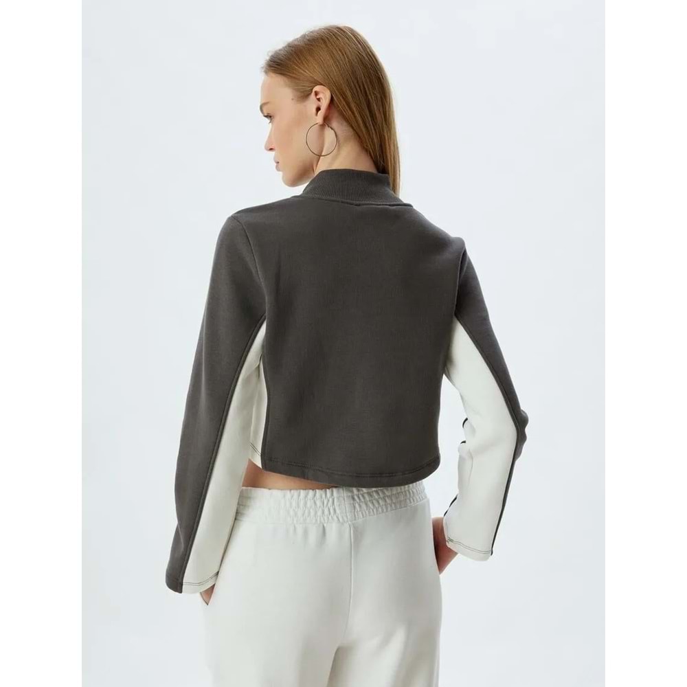 Crop Sweatshirt Yarım Fermuarlı Slogan Baskılı Dik Yaka Şardonlu - KOTON - 5WAL10173IK - GRİ - XS