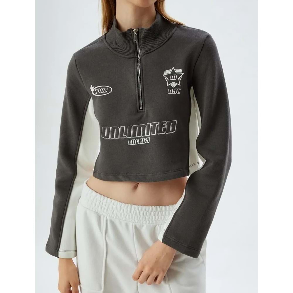 Crop Sweatshirt Yarım Fermuarlı Slogan Baskılı Dik Yaka Şardonlu - KOTON - 5WAL10173IK - GRİ - XS