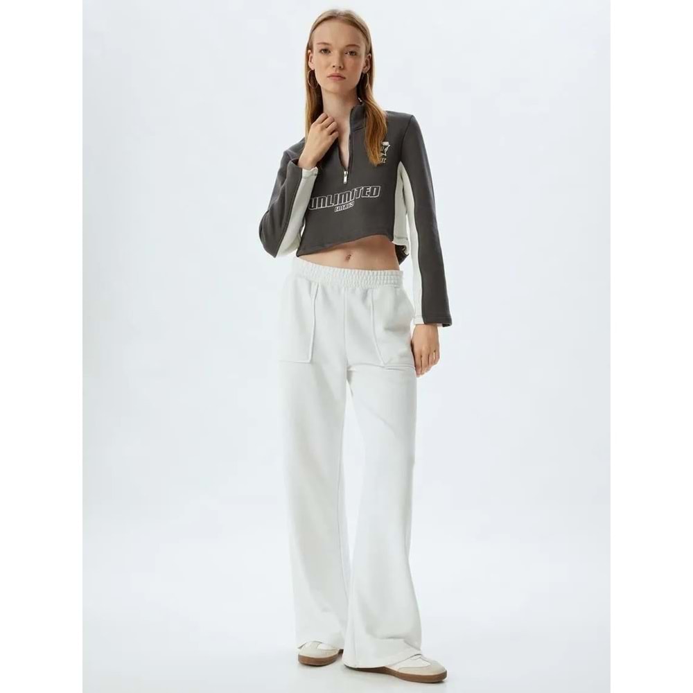 Crop Sweatshirt Yarım Fermuarlı Slogan Baskılı Dik Yaka Şardonlu - KOTON - 5WAL10173IK - GRİ - XS